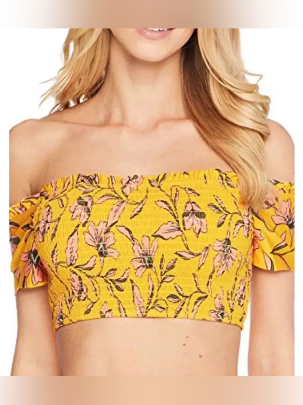 Yellow Floral Off-Shoulder SwimTop